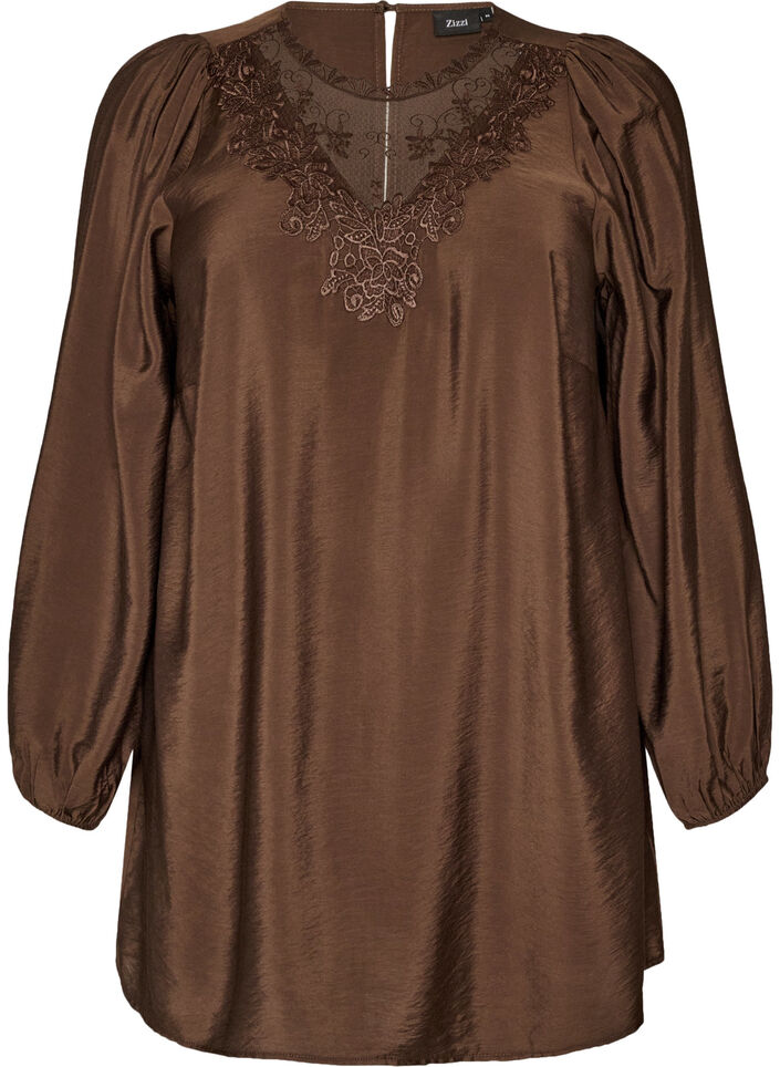 Viscose tuniek met kanten detail, Bruin, Packshot image number 0