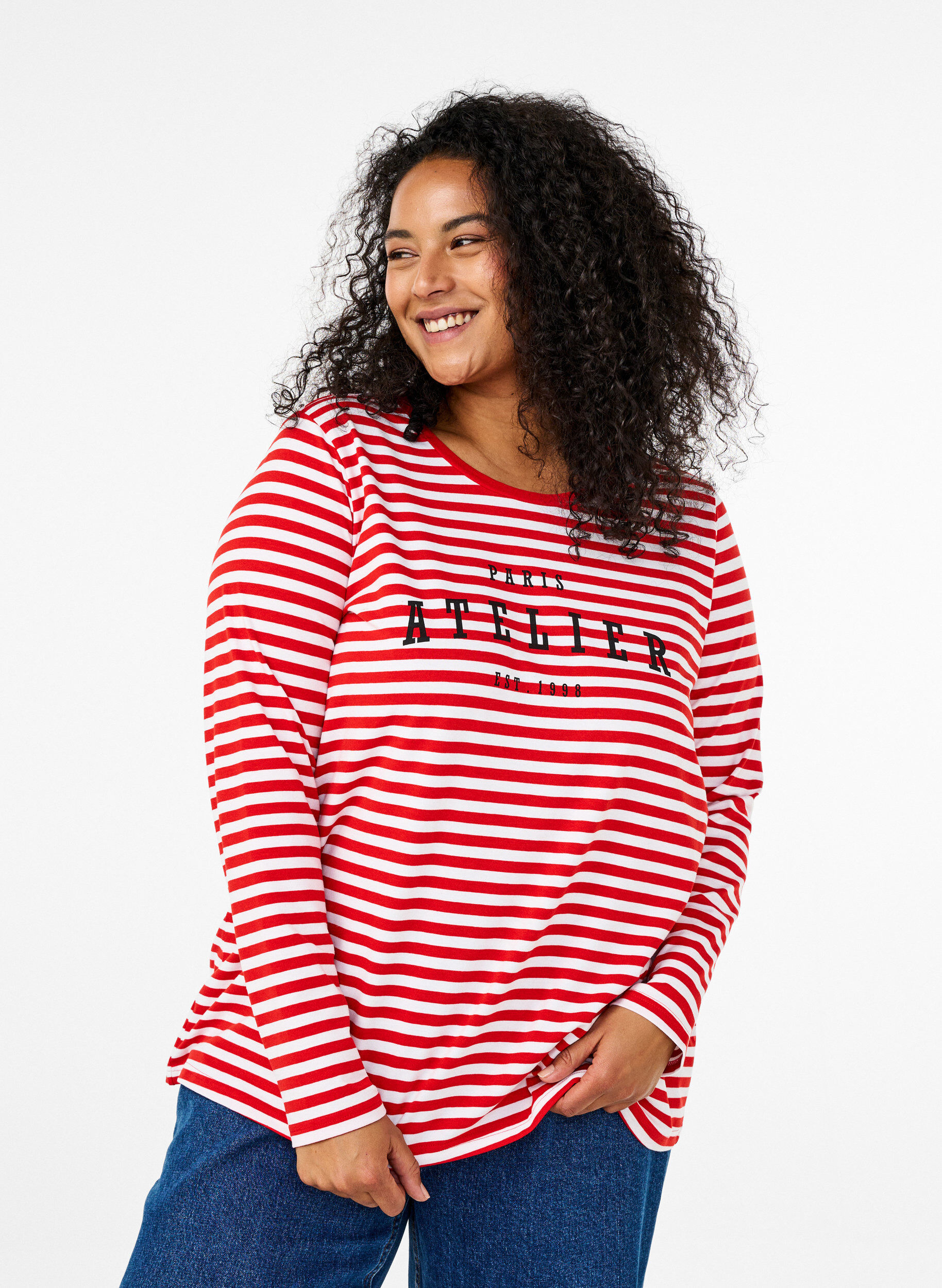 Zizzi Gestreepte blouse met motief, Whitew.FlameS.Stripe, Model image number 0