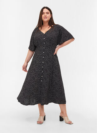 Viscose midi-jurk met stippen en knopen, Black w. Dot, Model image number 3