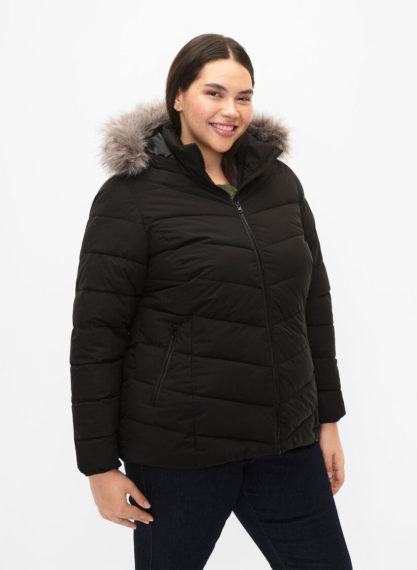 Kort pufferjack met capuchon, Zwart, Model image number 0