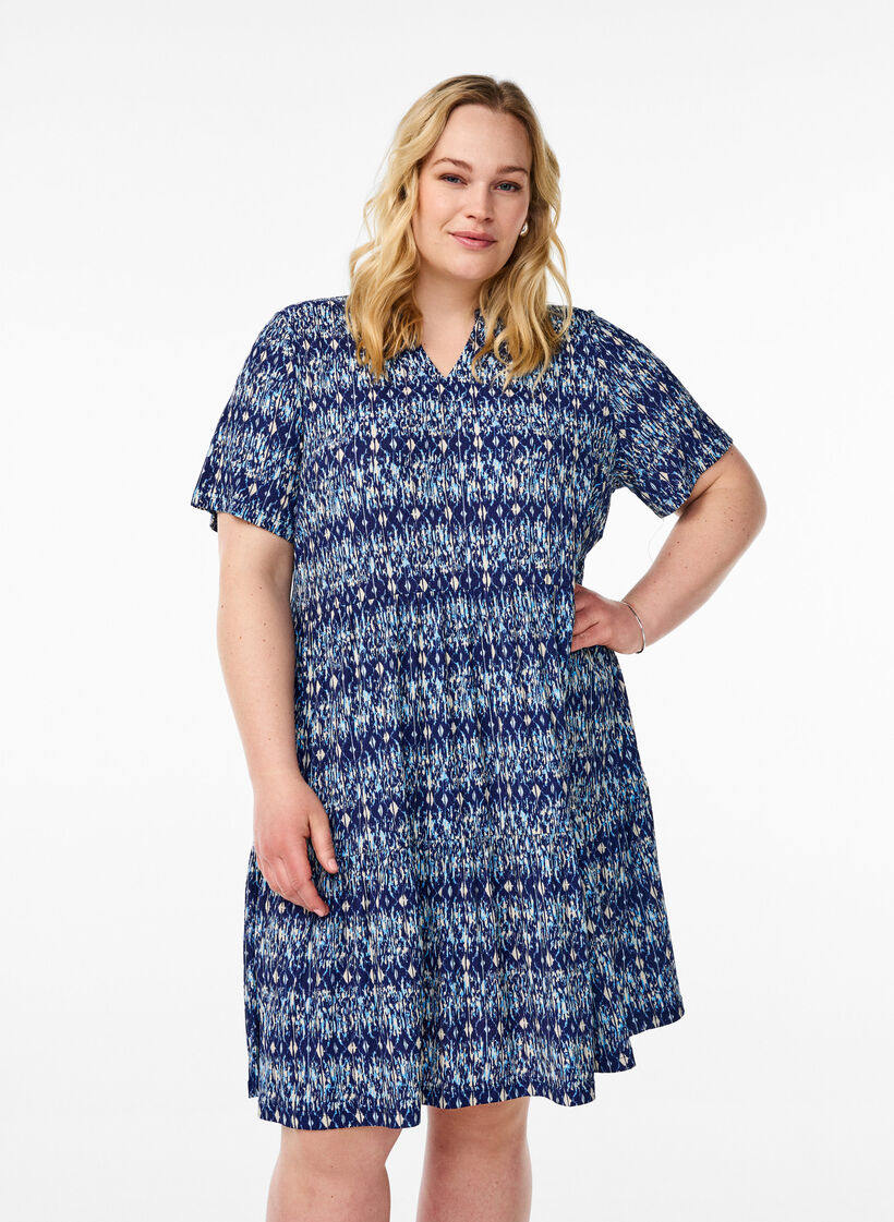 Jurk met patroon en panelen, Blauw, Model image number 0