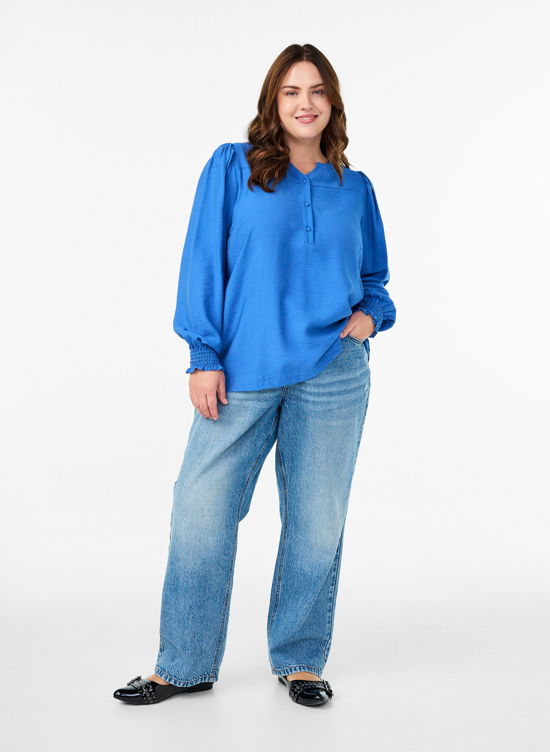 ZizziViscose blouse met smock en geplooide details, Blauw, Model image number 1