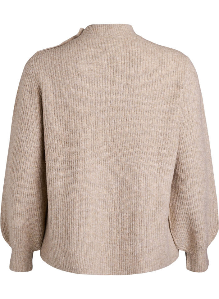 Geribde trui met pofmouwen en knopen, Beige, Packshot image number 1