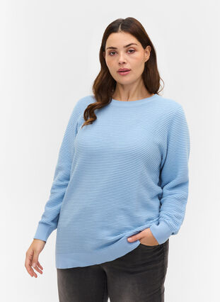 Gebreide blouse met lange mouwen van biologisch katoen, Chambray Blue, Model image number 0