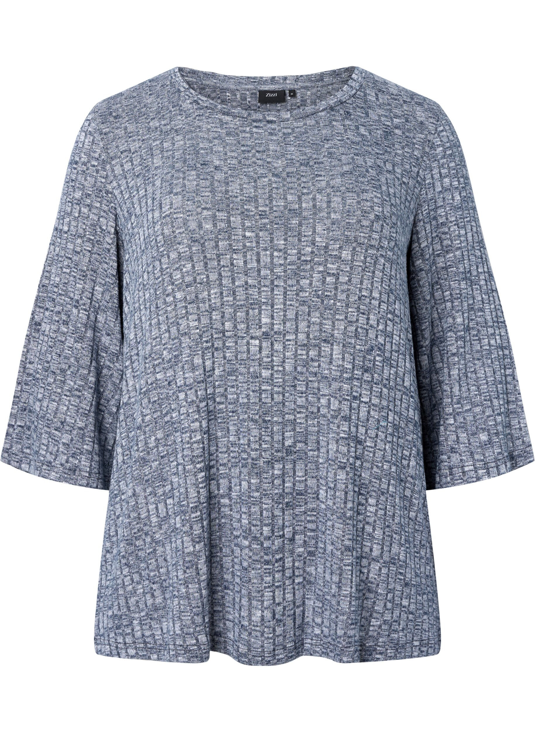 Zizzi Gem&ecirc;leerde blouse met ronde hals en 3/4 mouwen, Dress Blues Mel., Packshot image number 0