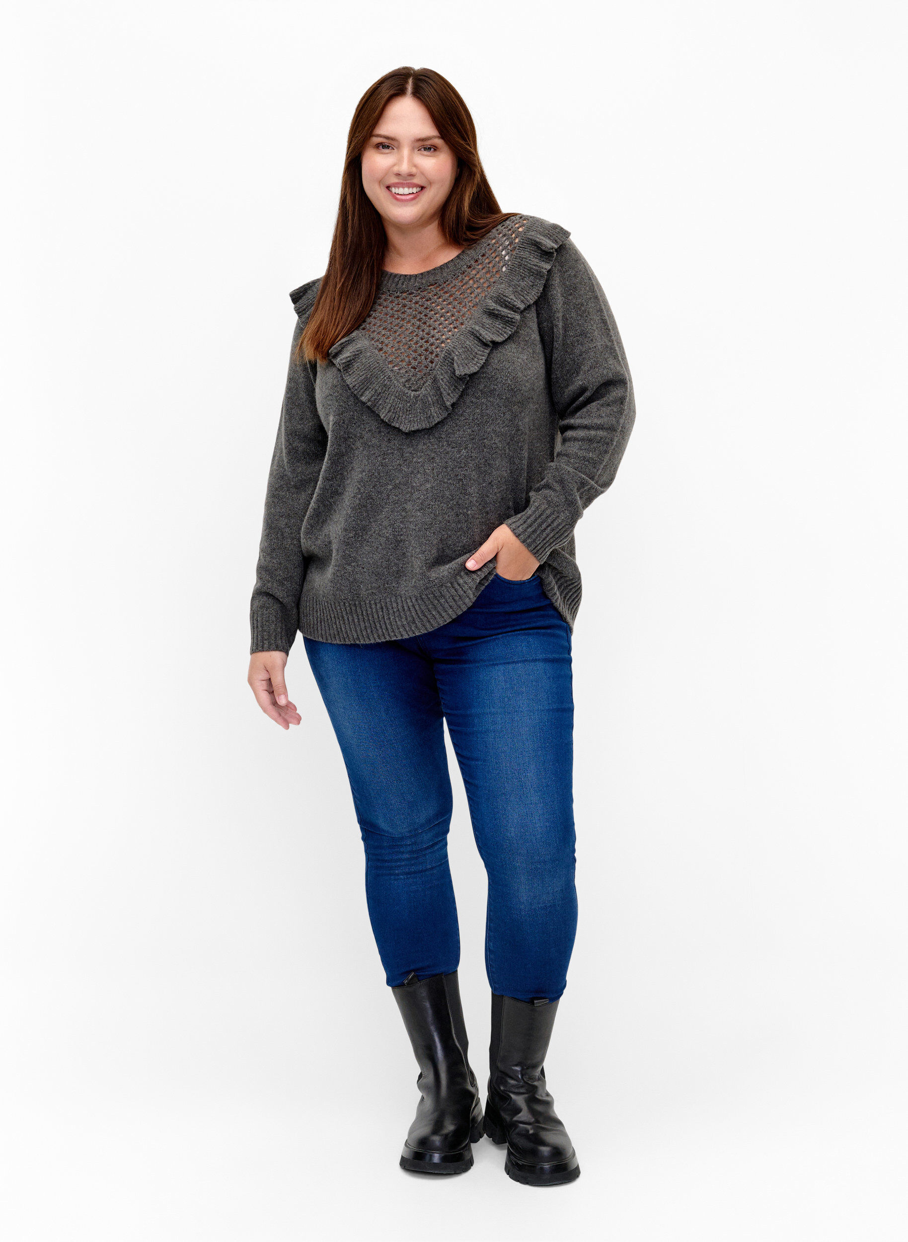 Zizzi Gebreide wollen trui met ruches, Dark Grey Melange, Model image number 2