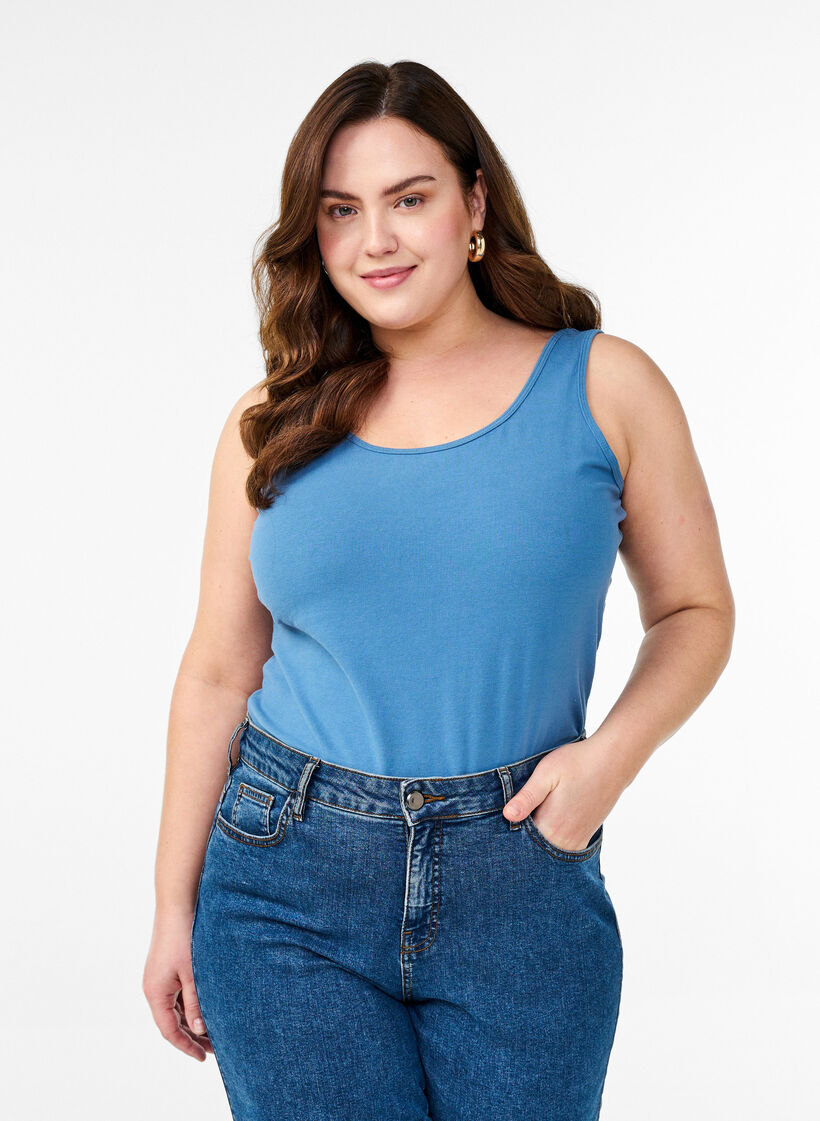 Effen gekleurd basic top in katoen, Blauw, Model image number 0