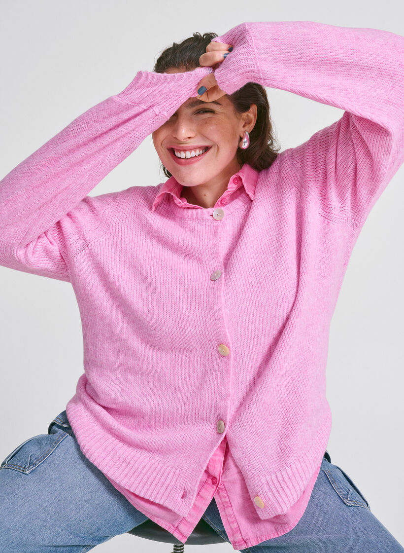 Gebreide cardigan met wol en knoopsluiting, Begonia Pink Mel., Image image number 0