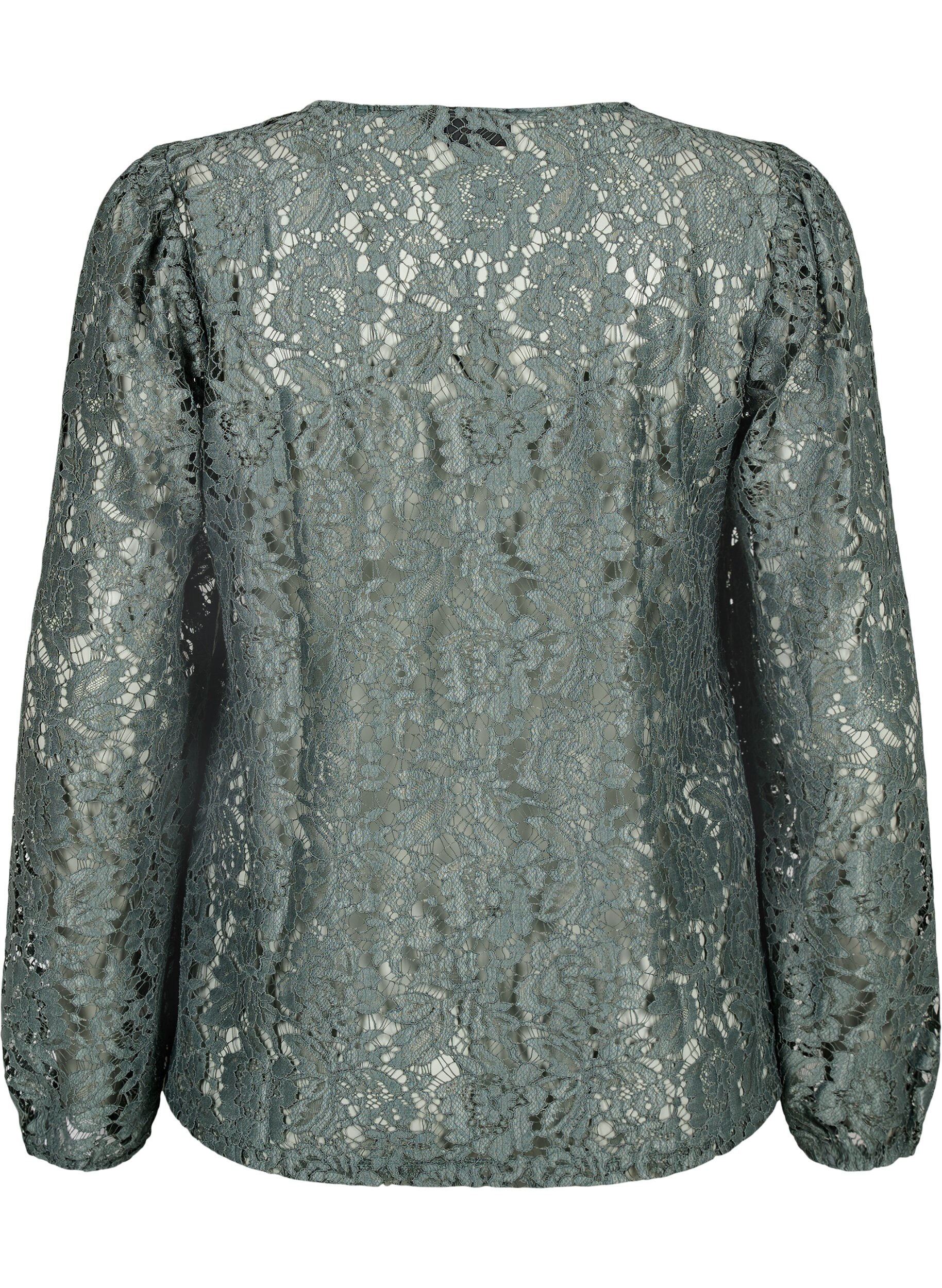 Zizzi FLASH - Kanten blouse met lange mouwen, Balsam Green, Packshot image number 1
