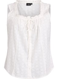 Mouwloze blouse met broderie anglaise en ruches, Vanille