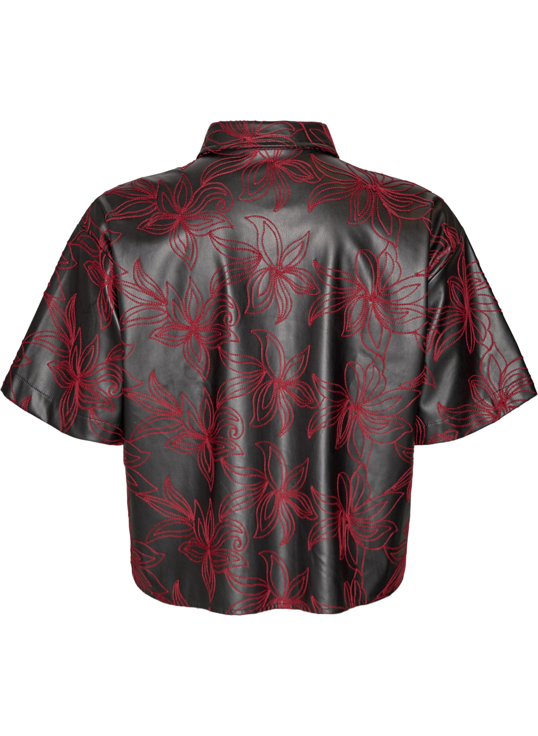 Zizzi Korte imitatielederen blouse met contrasterend borduursel, Zwart, Packshot image number 1