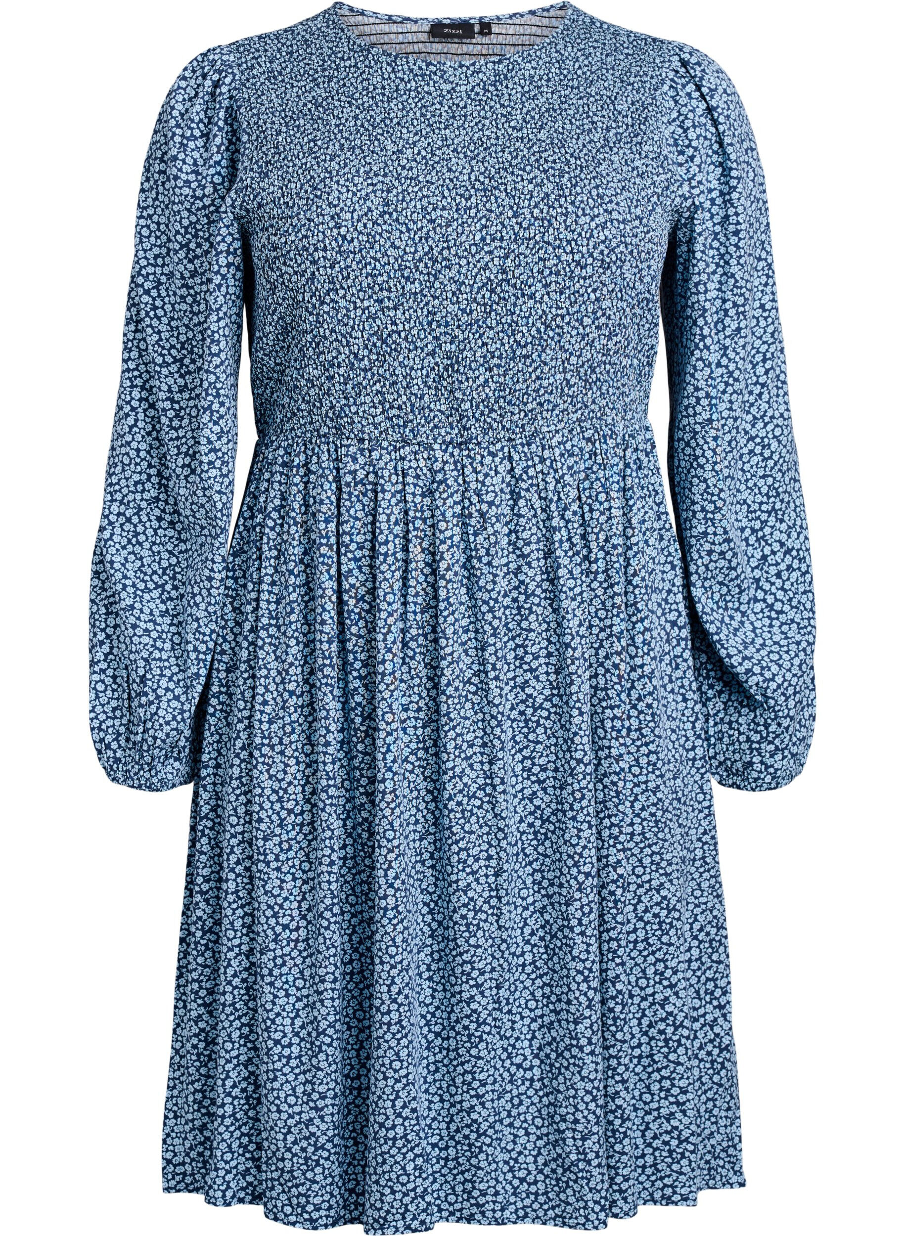 ZizziJurk met een gesmokte top en fijn bloemetjespatroon, Blauw, Packshot image number 0
