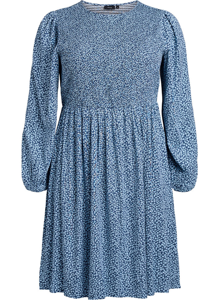 Jurk met een gesmokte top en fijn bloemetjespatroon, Blauw, Packshot image number 0