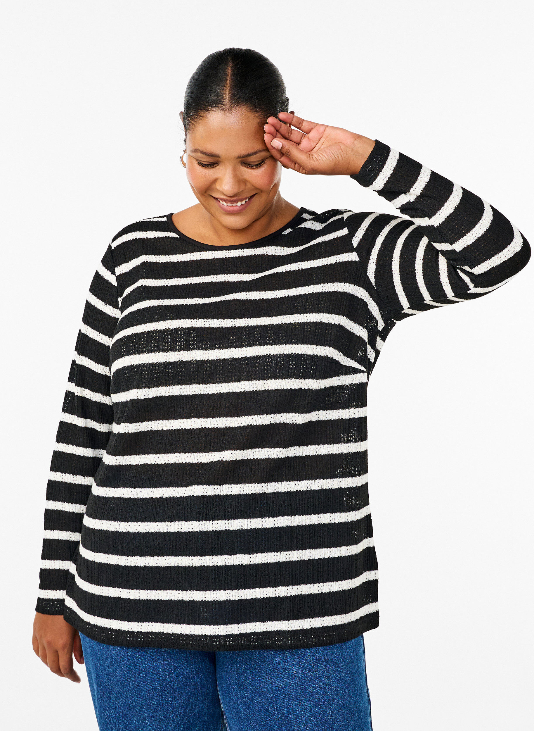 Zizzi Blouse met strepen en lange mouwen, Black Sand Stripe, Model image number 0