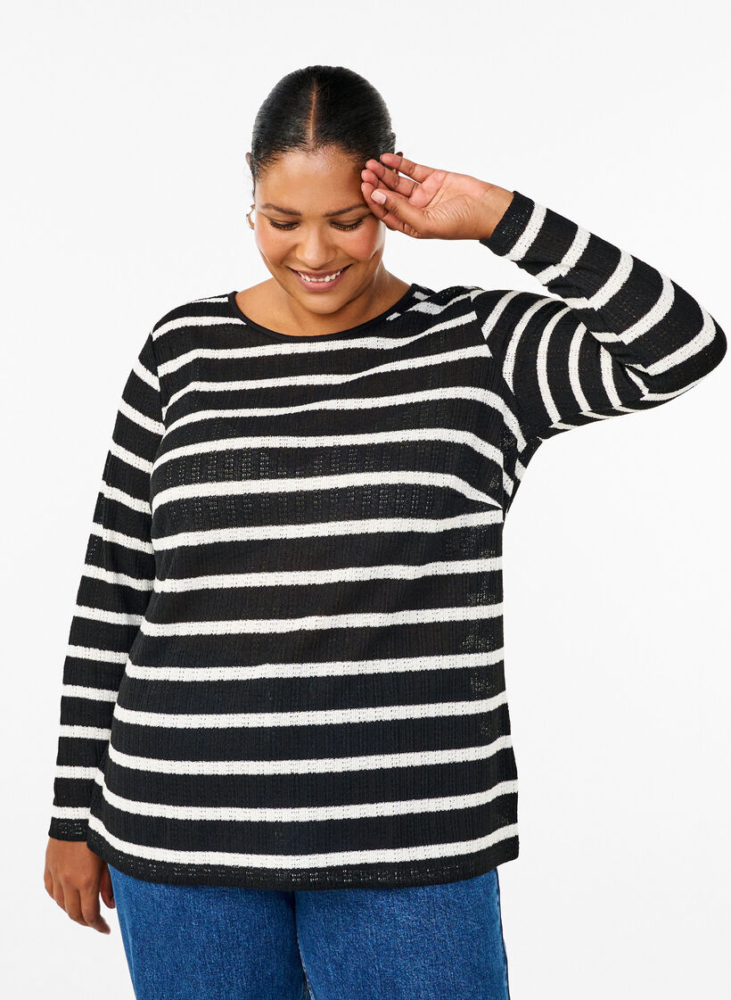 Blouse met strepen en lange mouwen, Black Sand Stripe, Model image number 0