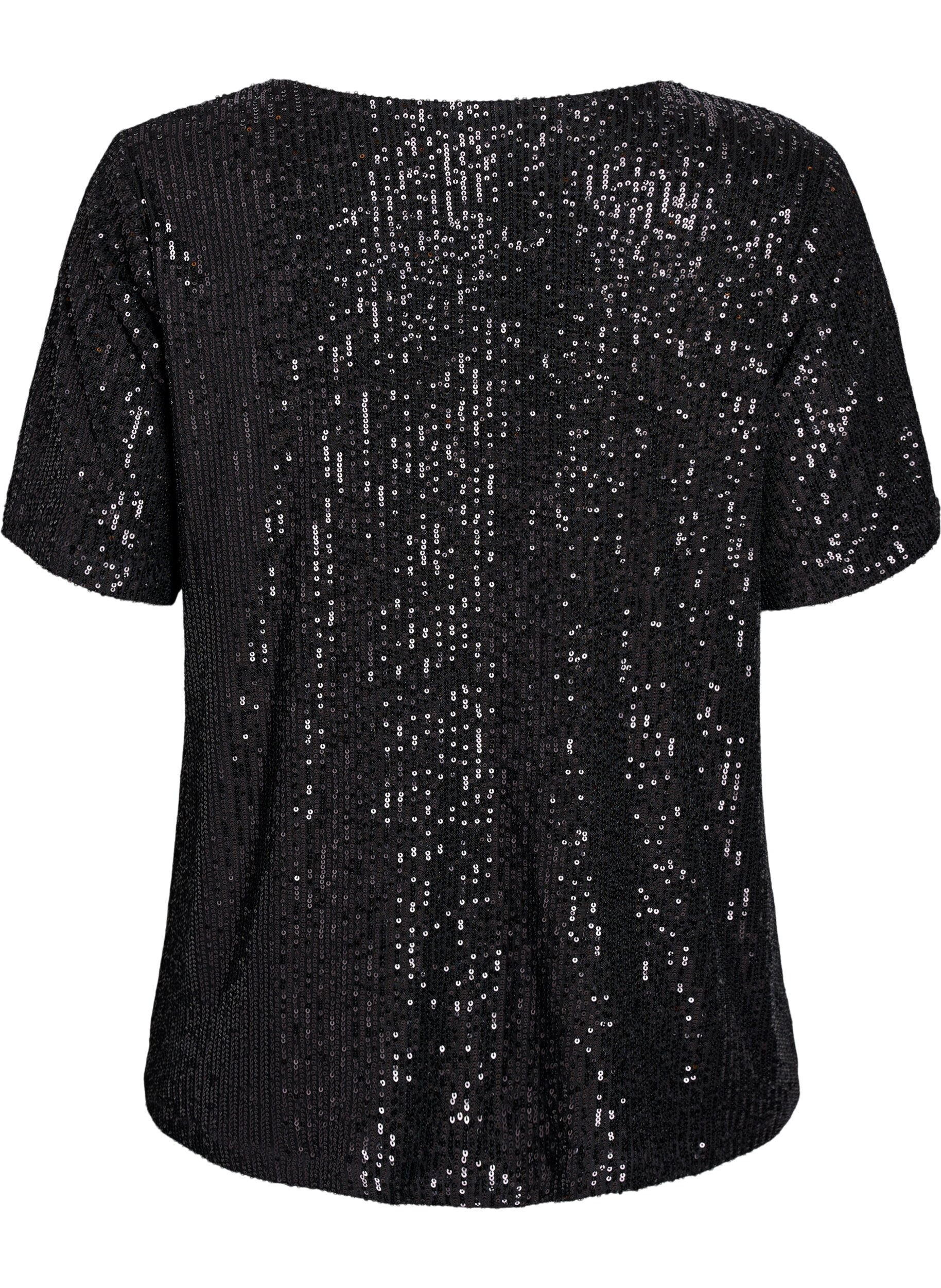 Zizzi Sequin blouse met V-hals en korte mouwen, Zwart, Packshot image number 1