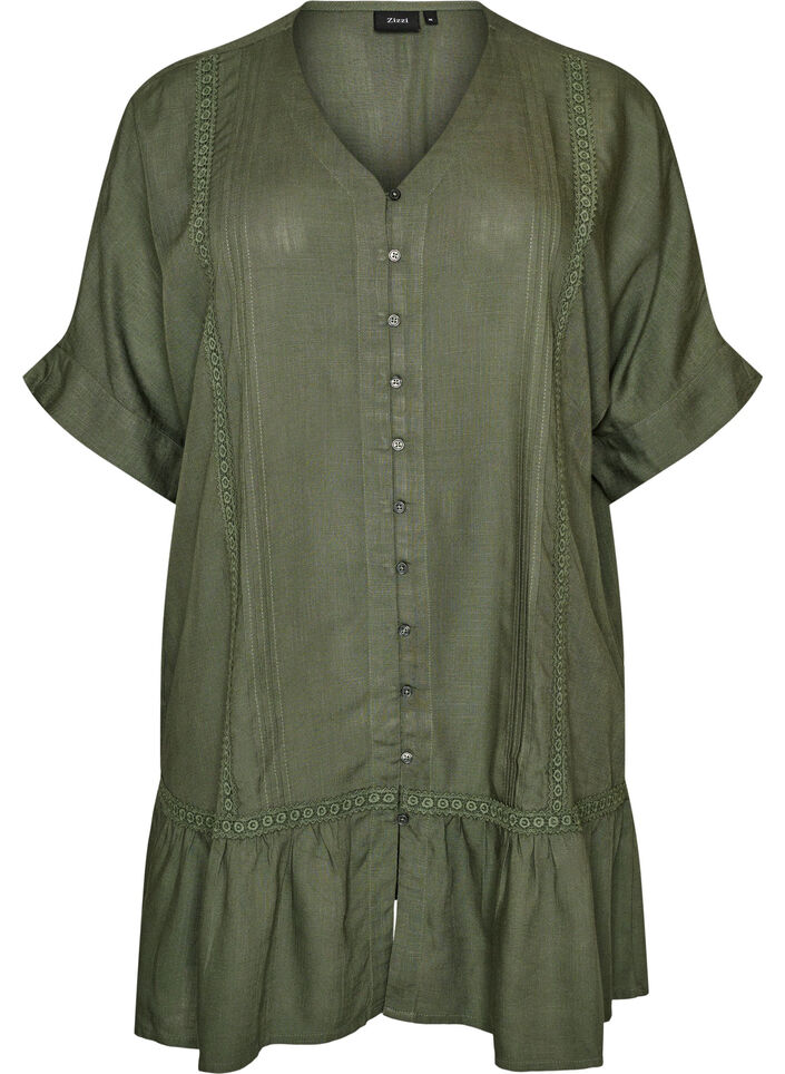 Viscose tuniek met knopen en rucherand, Groen, Packshot image number 0
