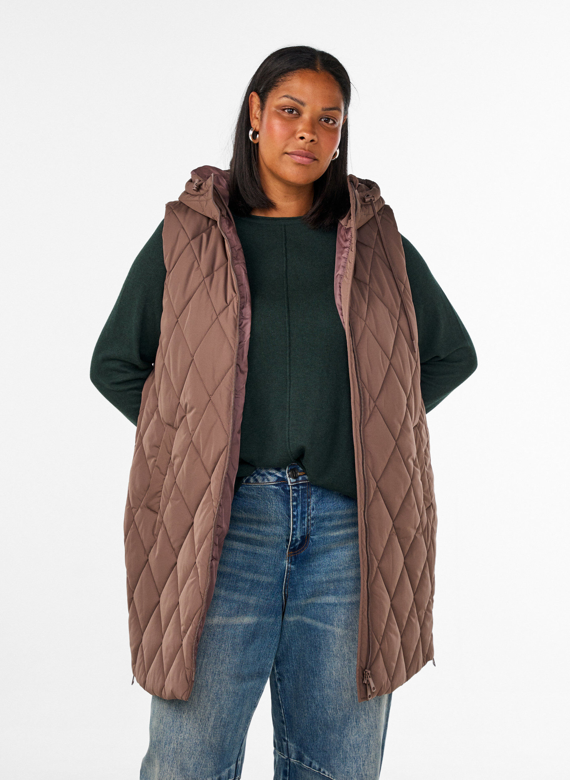 ZizziHalflang gewatteerd gilet met capuchon, Bruin, Model image number 0