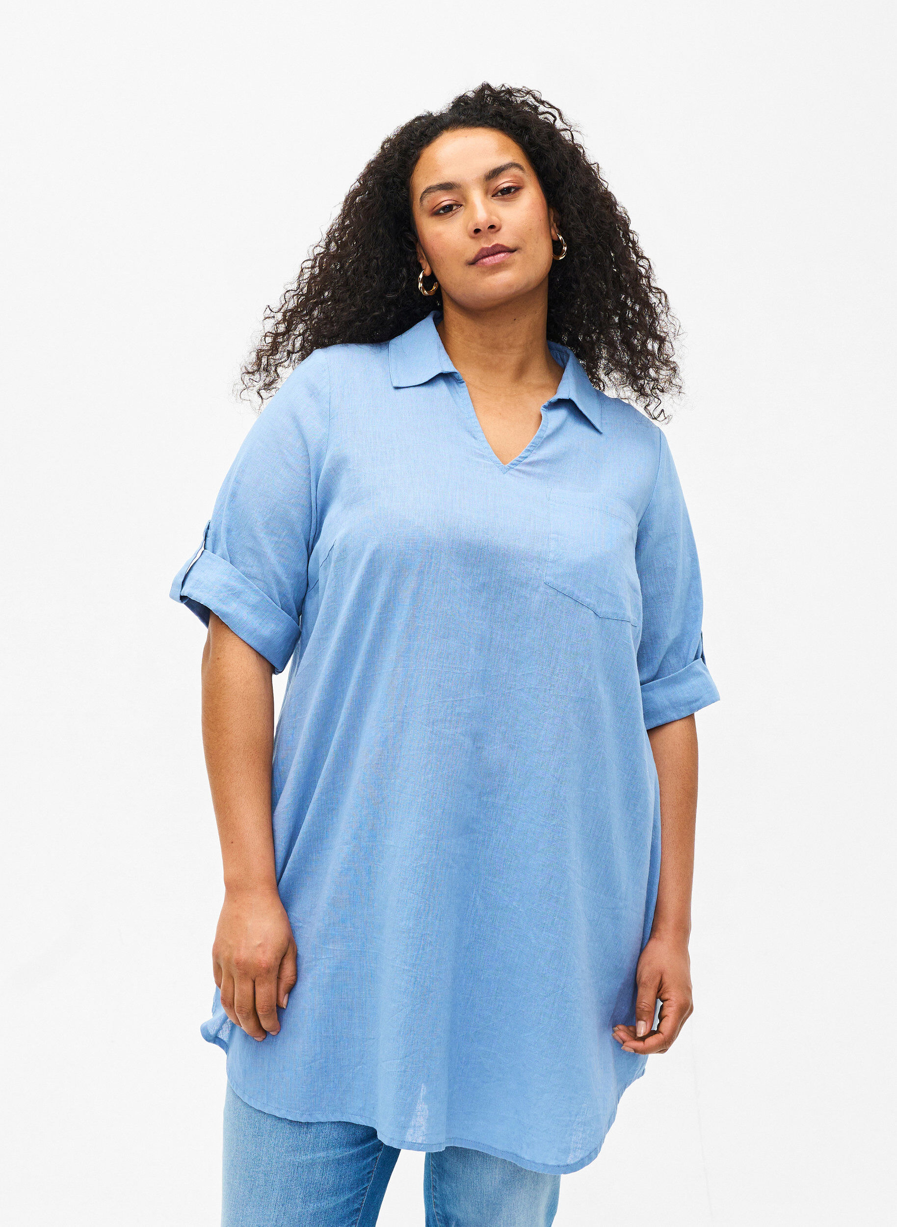 Zizzi Tuniek van katoenmix met korte mouwen en linnen, Faded Denim, Model image number 0
