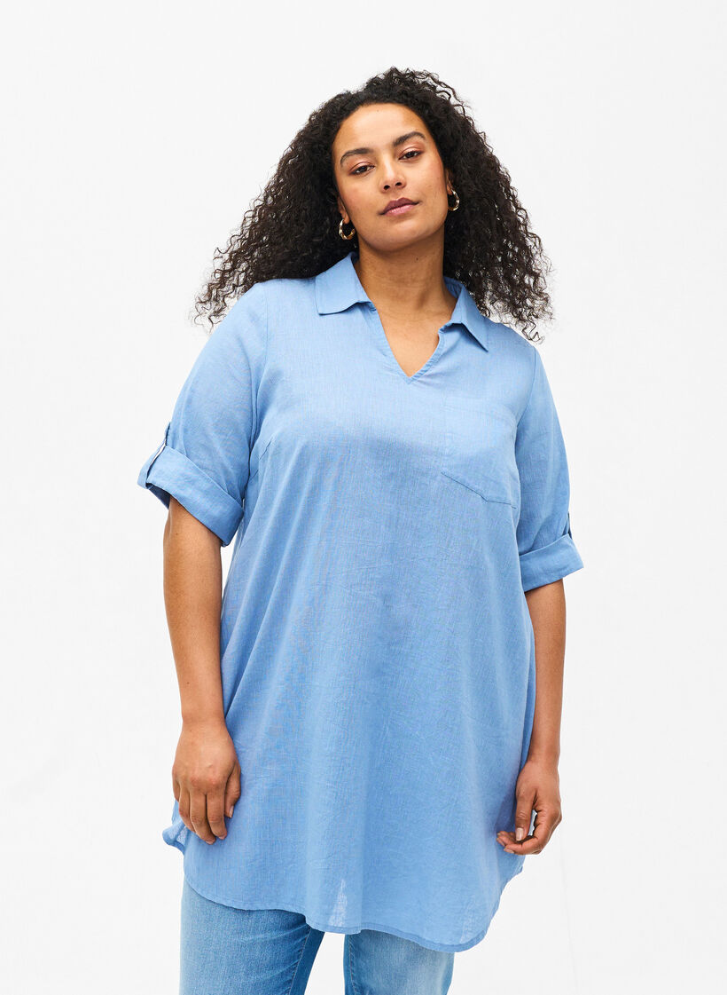 Tuniek van katoenmix met korte mouwen en linnen, Faded Denim, Model image number 0