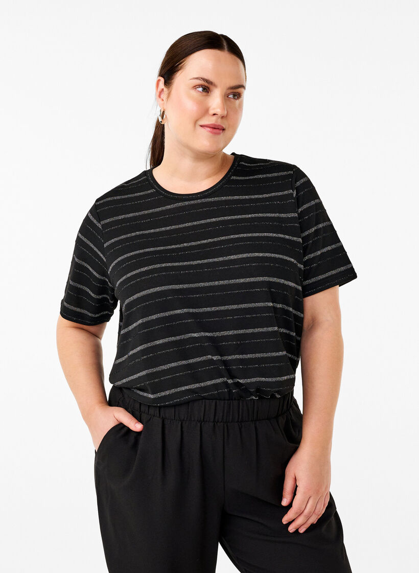 T-shirt met zilverkleurige glitter, Black w. Silver, Model image number 0
