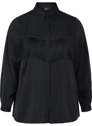 Effen blouse met franje, Black, Packshot image number 0