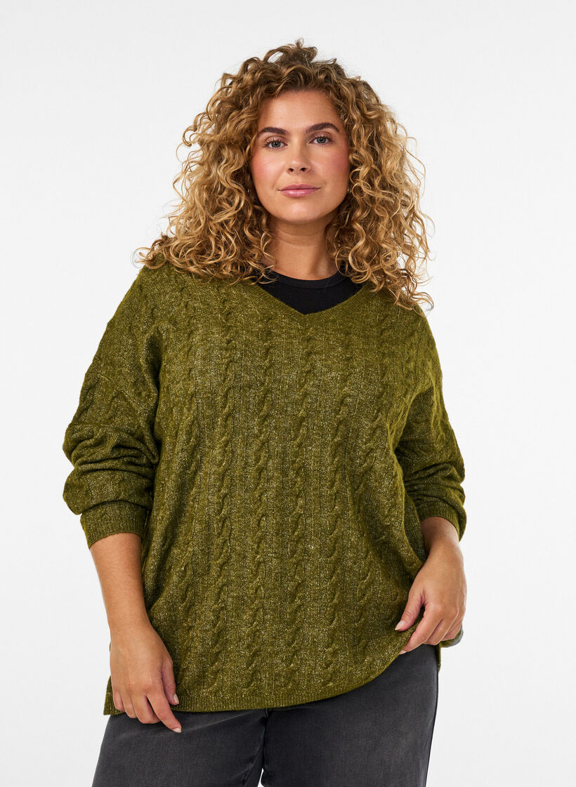 Gebreide blouse met kabelpatroon en V-hals, Groen, Model image number 0