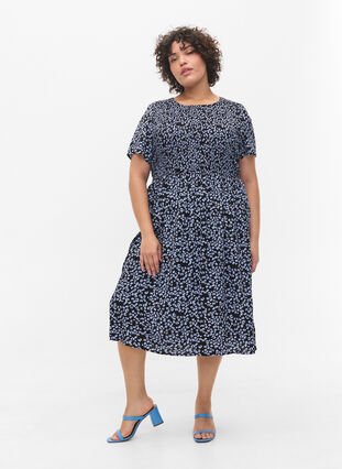 Viscose jurk met print en smokwerk, Blue Dot, Model image number 2