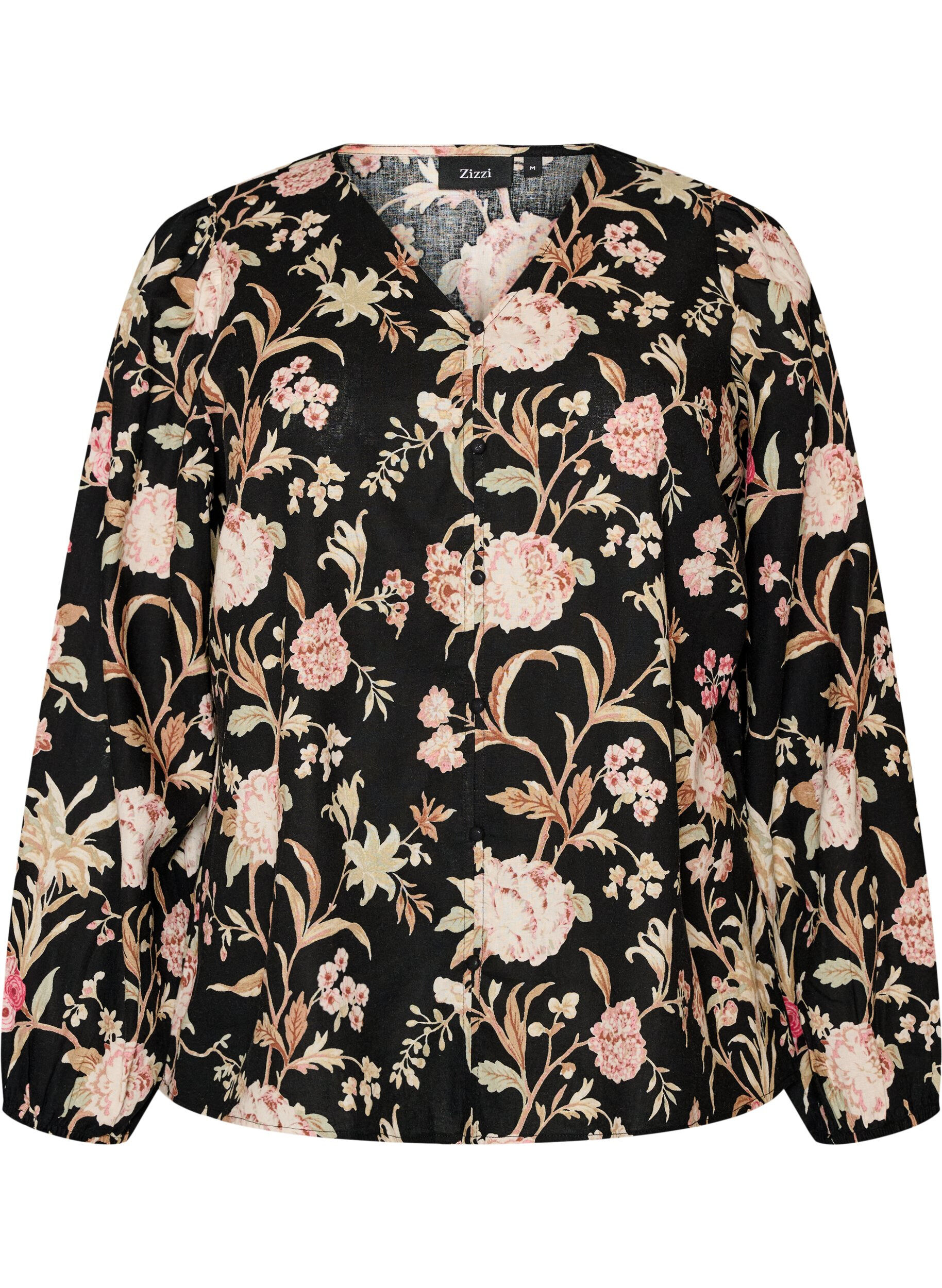ZizziGebloemde blouse van linnen en viscose met lange mouwen, Zwart, Packshot image number 0