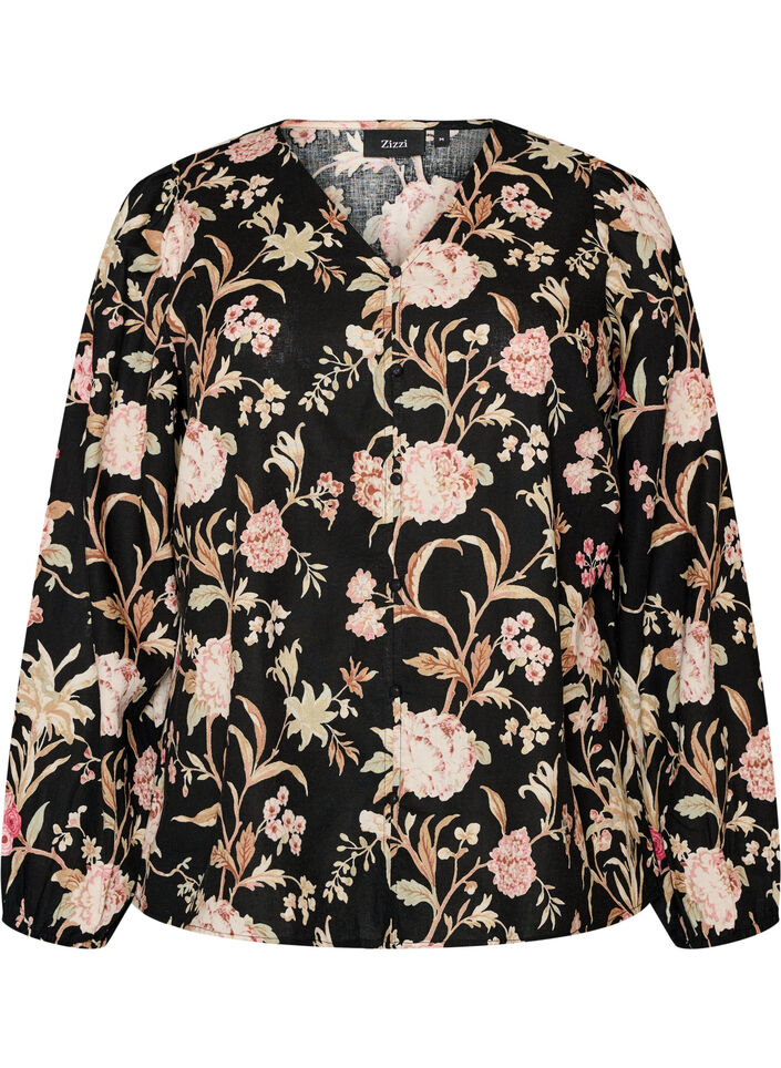 Gebloemde blouse van linnen en viscose met lange mouwen, Zwart, Packshot image number 0