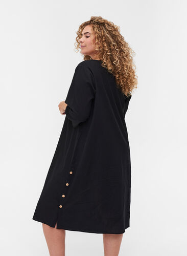 Katoenen jurk met 3/4-mouwen en knopen, Black, Model image number 1