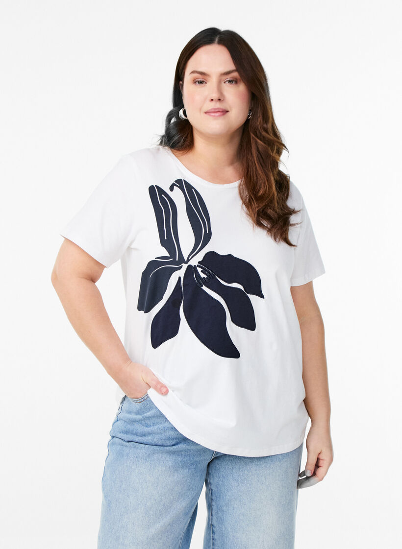 T-shirt in biologisch katoen met bloemenprint, B. White w. EMB, Model image number 0