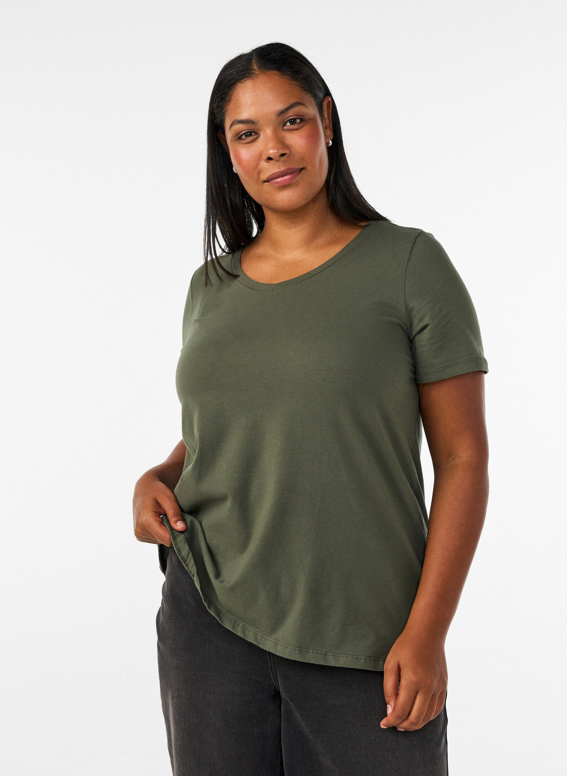 Effen basic T-shirt van katoen, Groen, Model