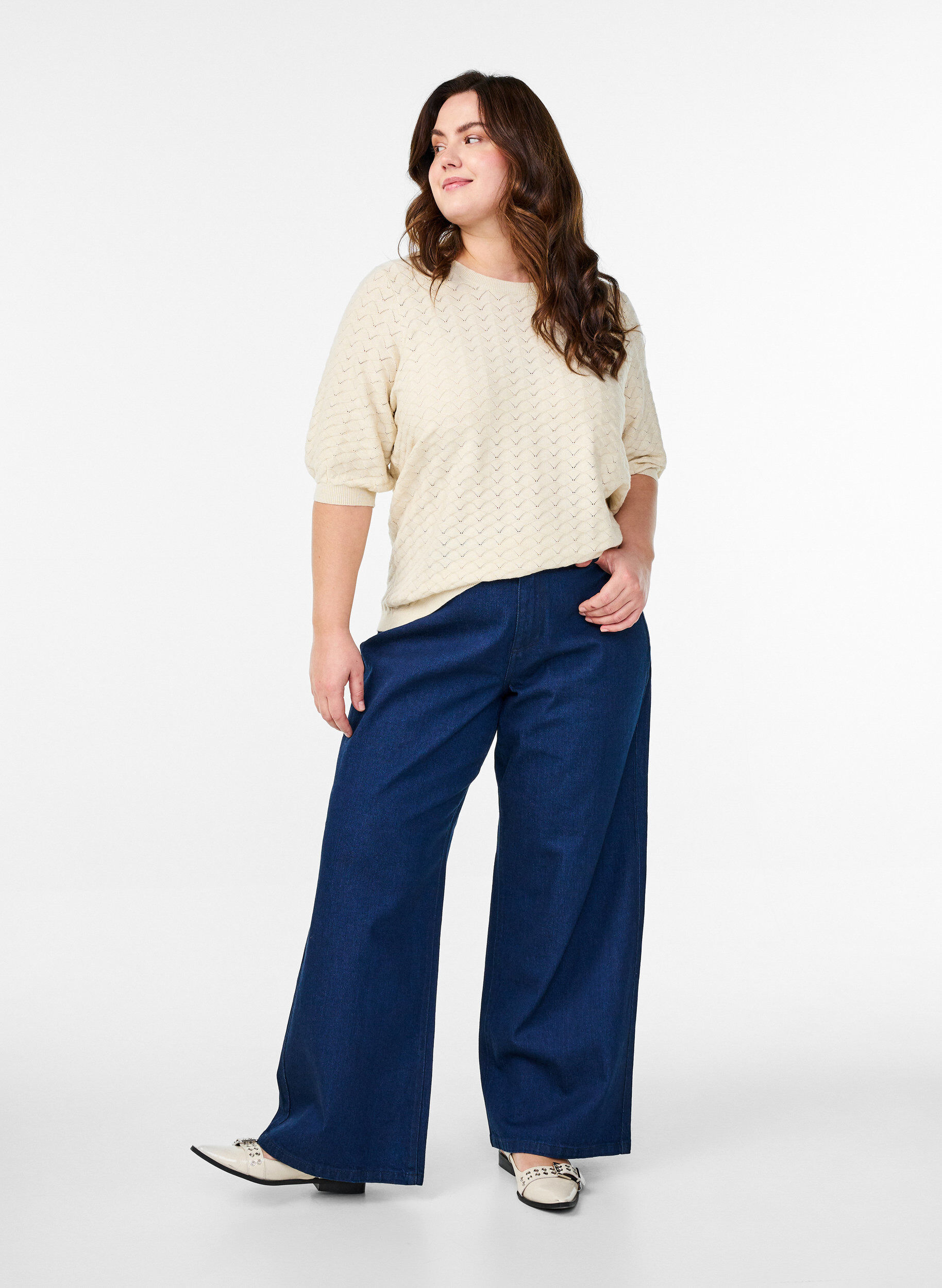 Zizzi Gebreide blouse met opengewerkt patroon en korte mouwen, Birch Mel., Model image number 2