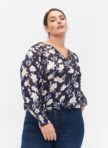 Bedrukte blouse met smok en v-hals, Blue Flower, Model image number 0