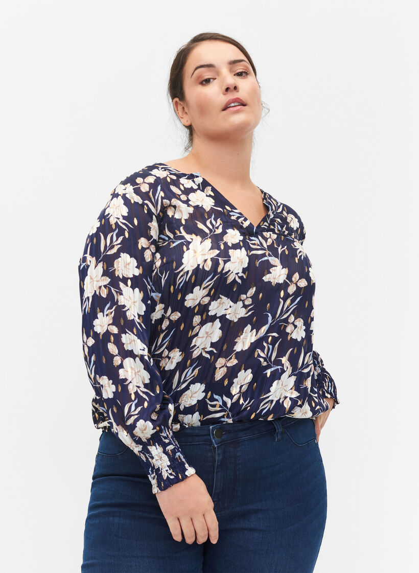 Bedrukte blouse met smok en v-hals, Blue Flower, Model