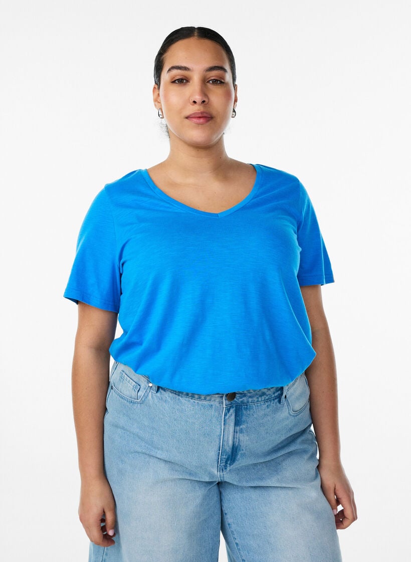 Basic t-shirt met korte mouwen en v-hals, Blauw, Model image number 0