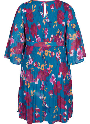 Bedrukte geplooide jurk met bindband, Blue Coral Flower, Packshot image number 1