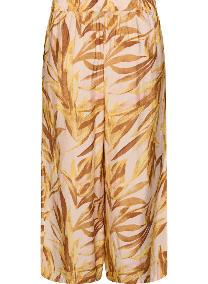 Wijde broek met bladprint en hoge elastische taille, Geel, Packshot image number 1