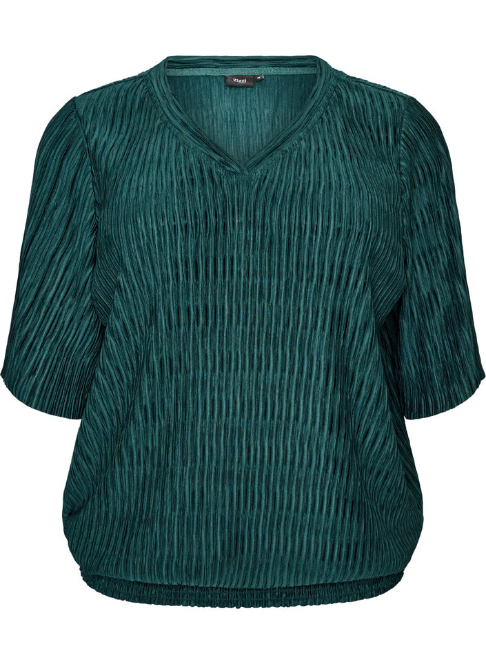 Blouse met golvende textuur en ballonvorm, Groen, Packshot image number 0