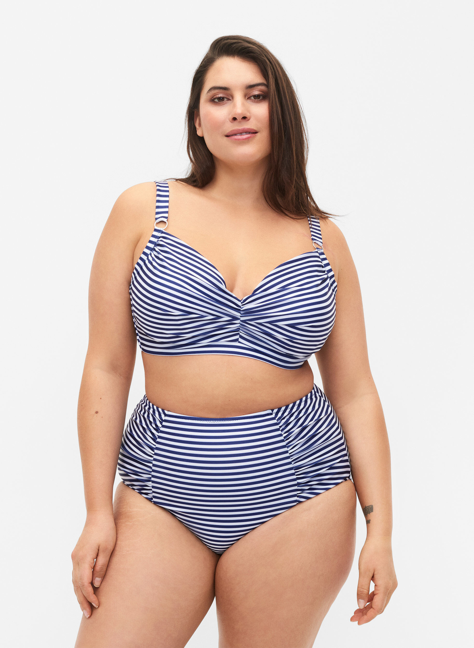 Gestreept bikinibroekje met hoge taille, Blauw, Model