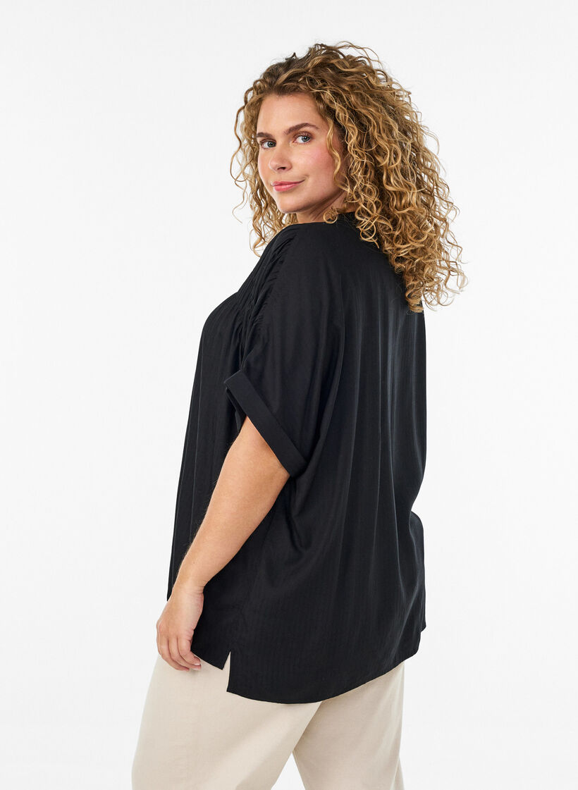 Viscose blouse met korte mouwen en rimpeldetail, Zwart, Model image number 1