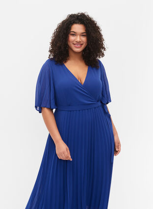 Geplooide midi jurk met korte mouwen, Clematis Blue, Model image number 2