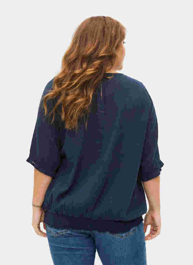 Katoenen blouse met smokwerk en korte mouwen, Navy Blazer, Model image number 1