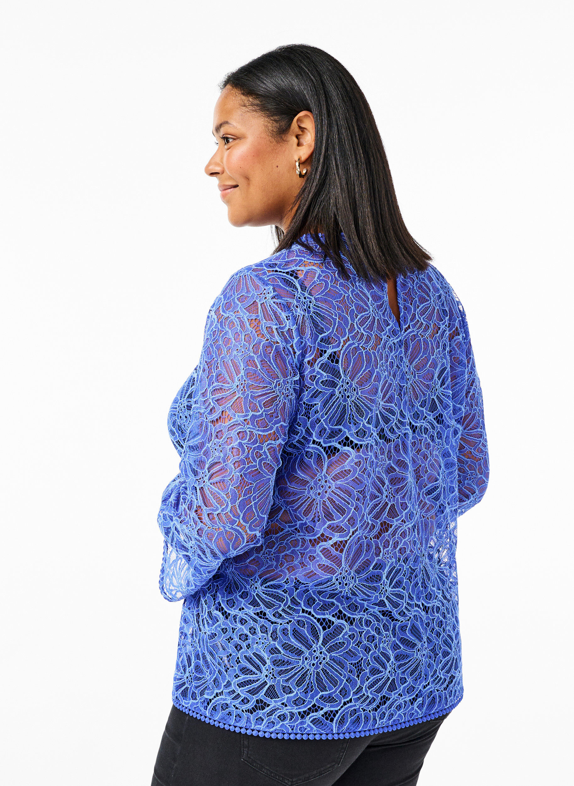 Zizzi Kanten blouse met ronde hals en lange mouwen, Blauw, Model image number 2