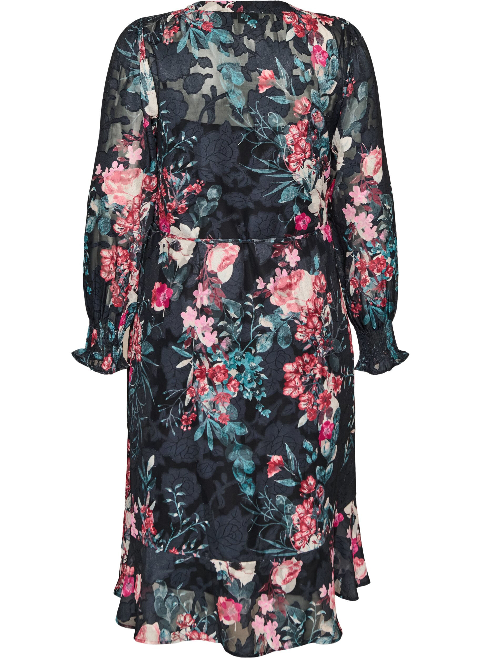 ZizziBloemen midi-jurk met geweven textuur en strikceintuur, Zwart, Packshot image number 1