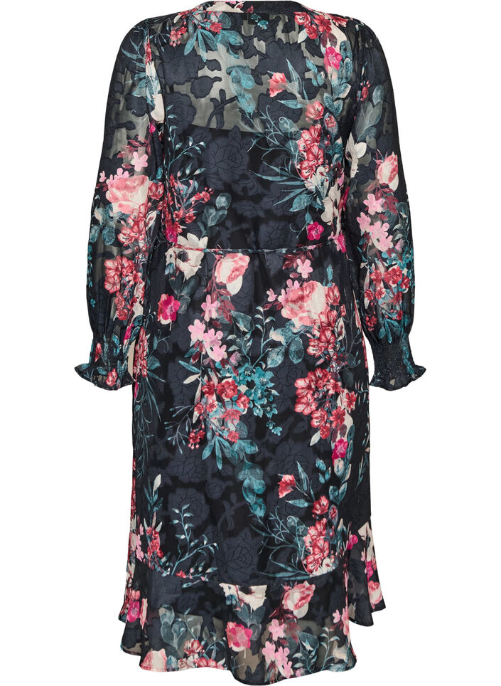 Bloemen midi-jurk met geweven textuur en strikceintuur, Zwart, Packshot image number 1