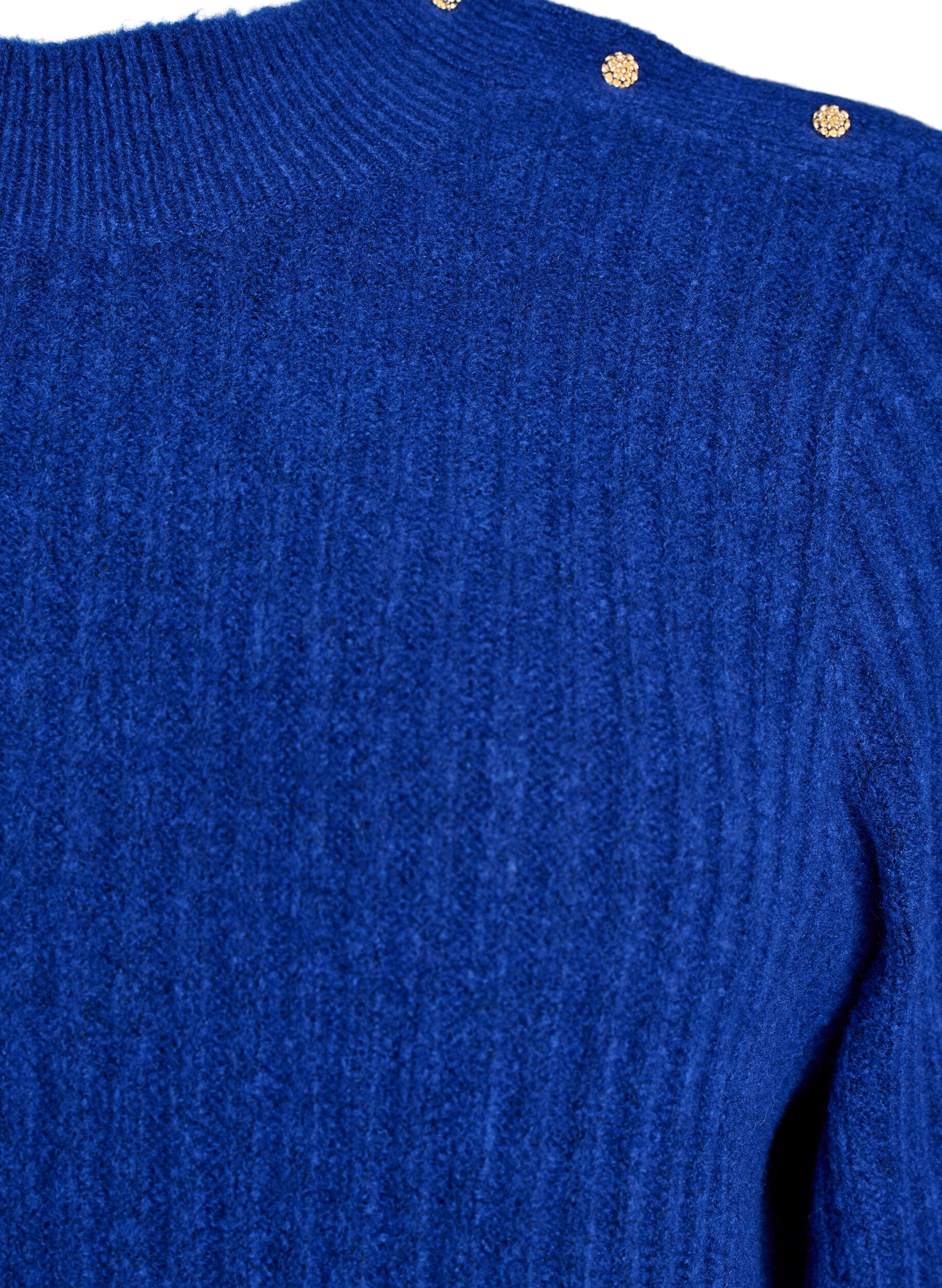 ZizziGeribde trui met pofmouwen en knopen, Blauw, Packshot image number 2
