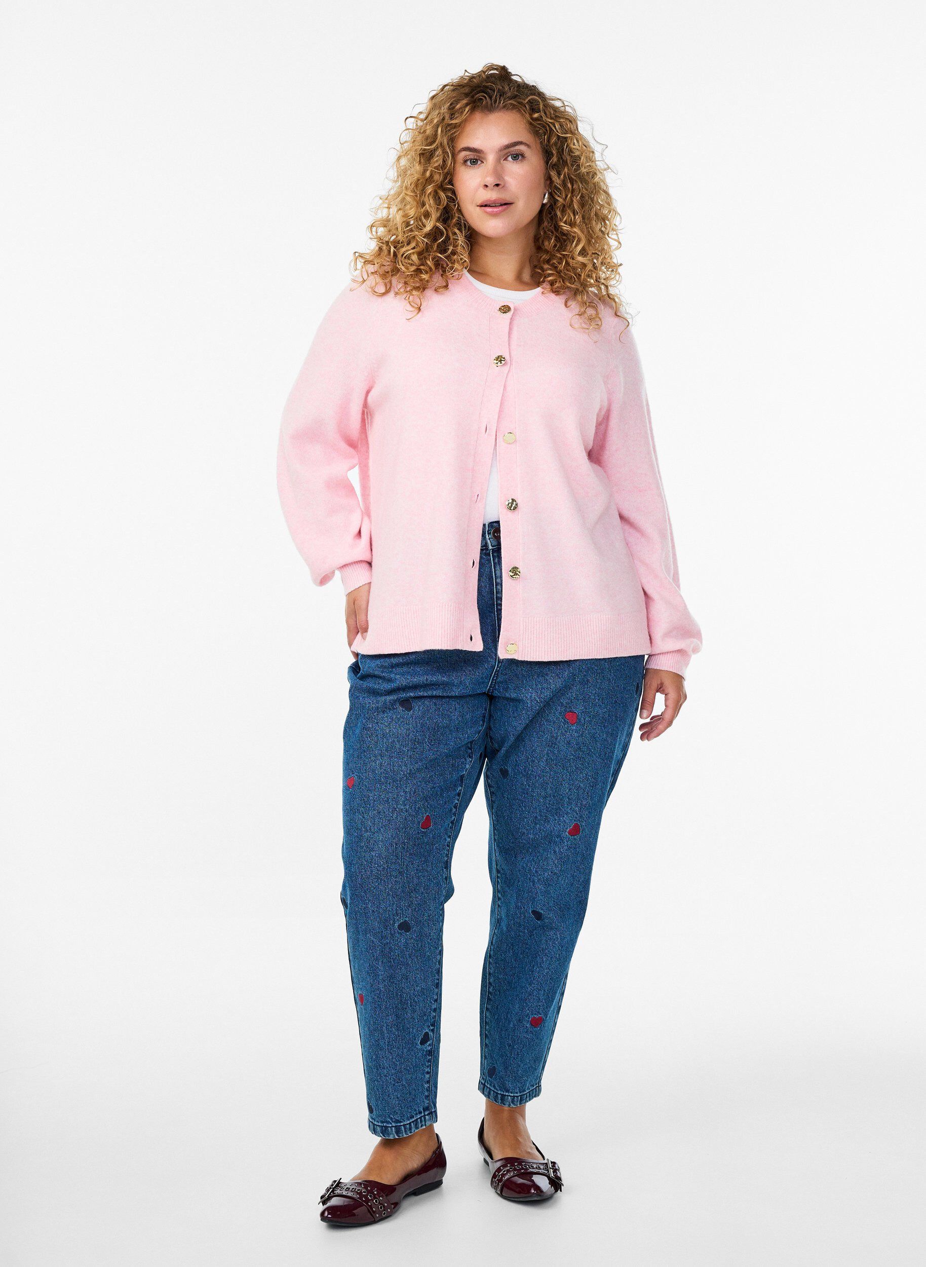 Zizzi Cardigan in zacht breisel met goudkleurige knopen, Roze, Model image number 1