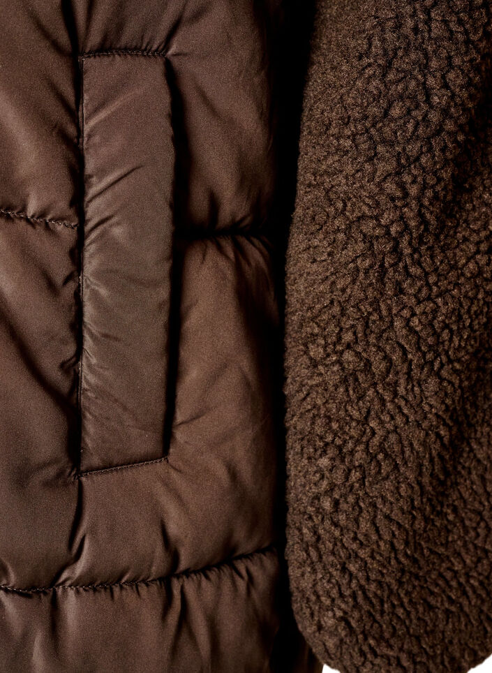 Halflange pufferjas met teddystof, Bruin, Packshot image number 3